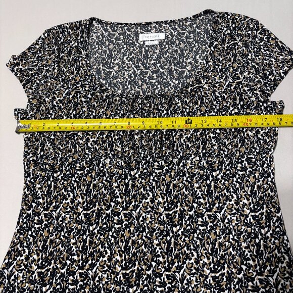 Van Heusen Black Tan White Floral Print Short Sleeve Top L Made in USA Stretch - Picture 7 of 11